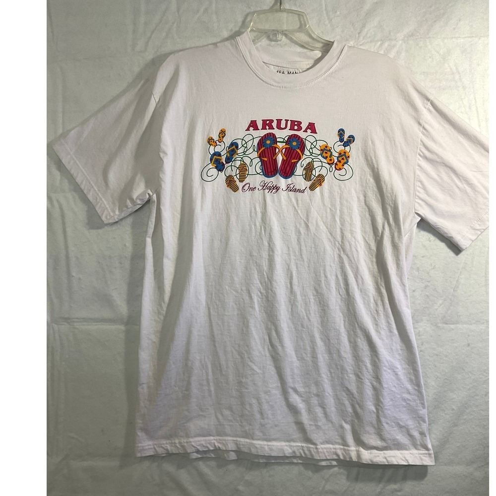 Sea Man Aruba Graphic T-Shirt Mens XXL White Cotton One Happy Island Souvenir